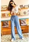 Omarı Mavi Dokuma Viscon Kuşaklı Palazzo Pantolon