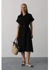 Kuşaklı Cep Detaylı Yarım Kol Elbise - Siyah