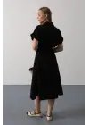 Kuşaklı Cep Detaylı Yarım Kol Elbise - Siyah