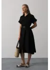 Kuşaklı Cep Detaylı Yarım Kol Elbise - Siyah