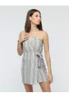 Çarpıcı Çizgili Mini Keten Elbise