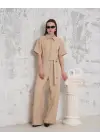 Kuşaklı gömlek yaka salaş tulum bej s255822