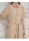 Kuşaklı gömlek yaka salaş tulum bej s255822