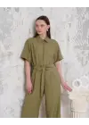 Kuşaklı gömlek yaka salaş tulum haki s255822