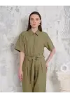 Kuşaklı gömlek yaka salaş tulum haki s255822