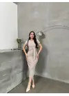 Kuşaklı mdl esnek kumaşlı elbise bej pt