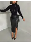 Kuşaklı uzun deri etek siyah h26414