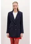 Lacivert Çift Düğmeli Çizgili Blazer Ceket 0699