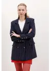 Lacivert Çift Düğmeli Çizgili Blazer Ceket 0699