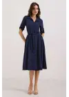 Lacivert Kuşaklı Gömlek Elbise 2442