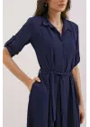 Lacivert Kuşaklı Gömlek Elbise 2442