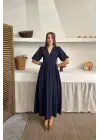 Lacivert Müslin Uzun Elbise