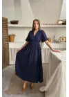 Lacivert Müslin Uzun Elbise