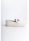LAYLA Bağcıksız Rahat tabanlı ayakkabı Rahat Tabaan Kalp Desenli Bayan Babet Ayakkabı  CKısa Topuk - Beyaz