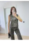 Leopar Desenli Düğmeli Bluzlu Pantolon İkili Takım -Leopar