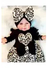 Leopar Desenli Fiyonklu % 100 Pamuk Kız Bebek Tulum