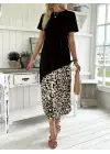 Omarı Leopar Desenli Kadın Midi Elbise