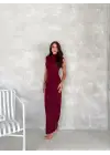 Likralı Simli Kumaş Yandan Yırtmaçlı Uzun Elbise Şık Kolsuz Abiye - Bordo