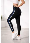 Likralı Yan Beyaz Mavi Şeritli Detaylı Tayt - Siyah
