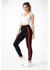 Likralı Yan Kırmızı Şeritli Detaylı Tayt - Siyah