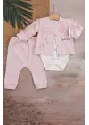 Love Tavşan Desenli Kol Detaylı 3lü Hırkalı Kız Bebek Takım
