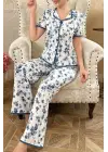 Mavi Çiçekli Düğme Detaylı Yazlık Pijama Takımı 7347
