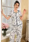 Mavi Çiçekli Düğme Detaylı Yazlık Pijama Takımı 7347