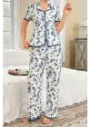 Mavi Çiçekli Düğme Detaylı Yazlık Pijama Takımı 7347