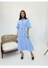 Omarı Mavi Klasik Midi Elbise