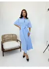 Omarı Mavi Klasik Midi Elbise