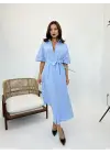 Omarı Mavi Klasik Midi Elbise