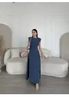 Omarı Mavi Keten Yandan Yırtmaçlı Uzun Elbise