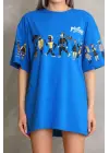 Omarı Mavi Oversize Baskılı Unisex Bisiklet Yaka T-Shirt