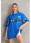 Omarı Mavi Oversize Baskılı Unisex Bisiklet Yaka T-Shirt