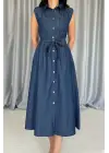 Omarı Mavi Çıtçıtlı Elbise