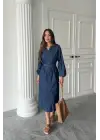 Omarı Şık Uzun Kollu Mavi Elbise