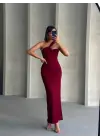 Omarı Burgundy Asimetrik Kesim Uzun Elbise