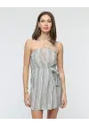 Omarı Keten Elbise - Kuşaklı Çizgili Mini Elbise