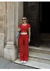 Omarı Kırmızı Crop Pantolon Biyeli Takım