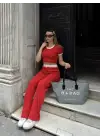 Omarı Kırmızı Crop Pantolon Biyeli Takım