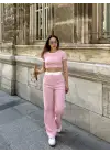Omarı Yüksek Bel Crop Pantolon Takımı - Pembe Renkli