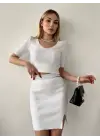 Omarı Şık Beyaz Triko Etek Takımı