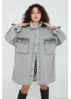 Omarı Gri Kuş Gözü Detaylı Kadın Kot Ceket