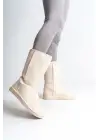 Omarı Düz Tabaan İçi Kürklü Süet Bayan Bot - Krem