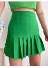 Omarı Pileli Düğmeli Etek - Yeşil Renk Seçeneği