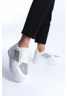 Omarı Rahat Tabanlı Simli Beyaz Bayan Spor Ayakkabı