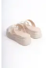 Omarı Taşlı Şeritli Rahat Tabanlı Bayan Terlik - Krem