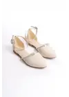 Omarı Taş Detaylı Rahat Tabanlı Bayan Babet Ayakkabı - Krem