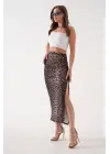 Omarı Leopar Desenli Uzun Yırtmaçlı İnce Kumaş Etek