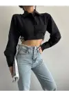 Omarı Yanı Kemer Detaylı Crop Gömlek - Siyah